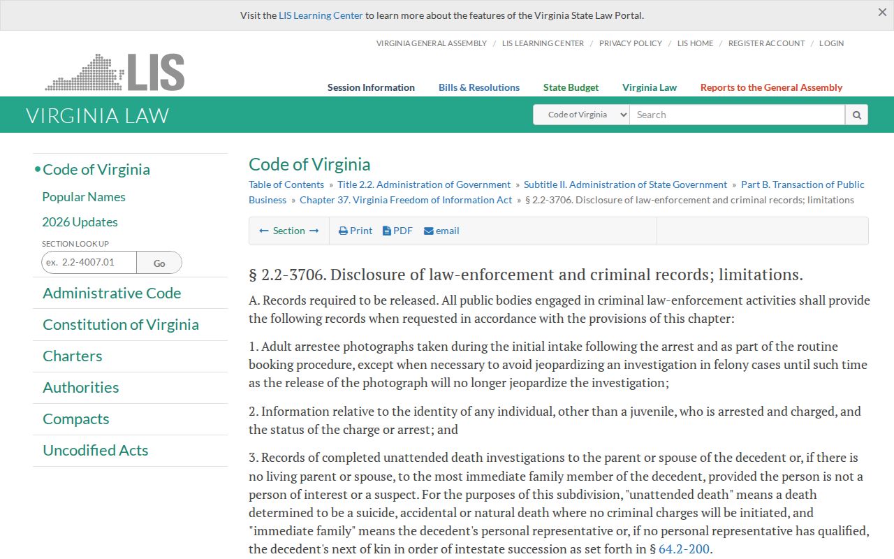 Loudoun County adult booking-photo public-record statute