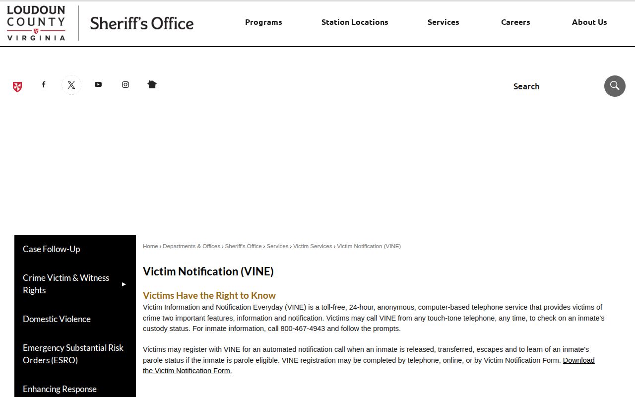 Loudoun County VINE custody status and release notification information