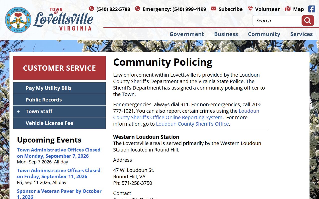 Lovettsville sheriff-led community policing page supporting arrest records context